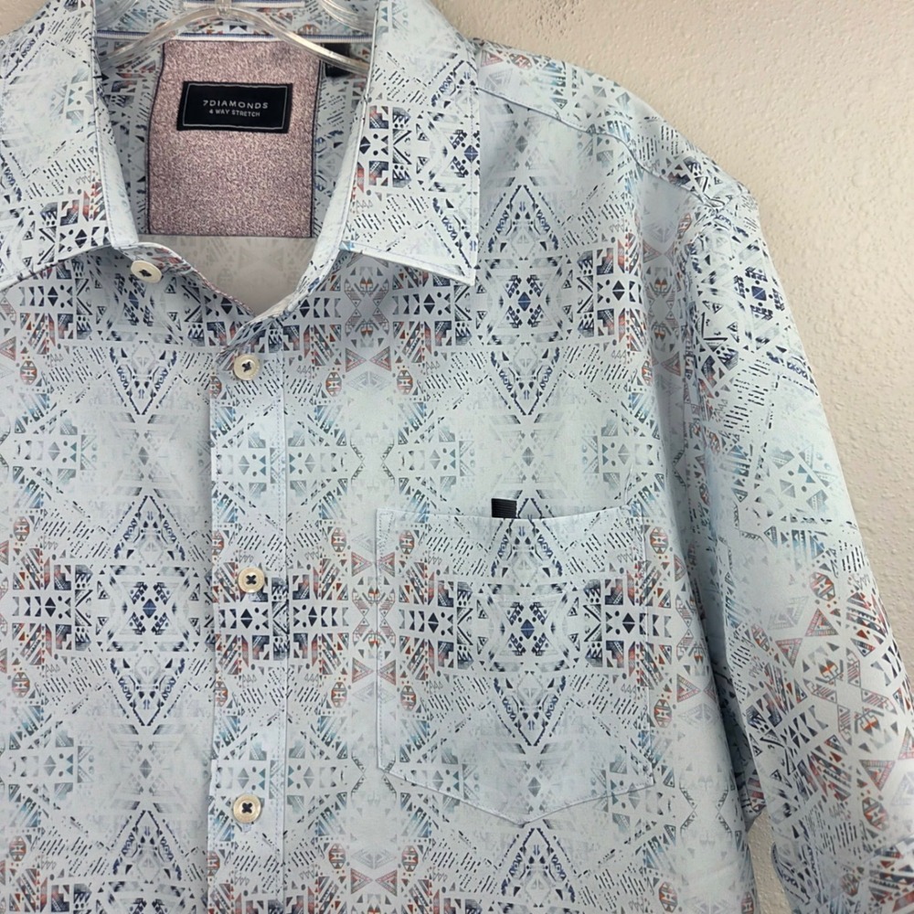 7Diamonds Mens Stretch Urban Spaceman Aztec Western Button Down Shirt Large